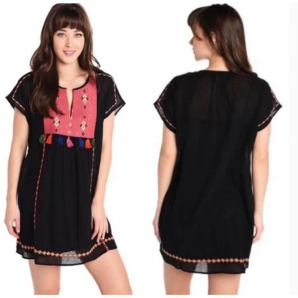Joie Black Gauze Lucretia Embroidered Tassel Shift Tunic Dress SZ S Boho Sheer - Picture 1 of 9